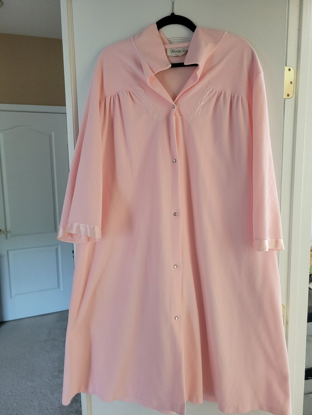Vtg Vanity Fair Pink Fleece Snap Front Robe Housecoat Duster Embroidered XXL 2XL